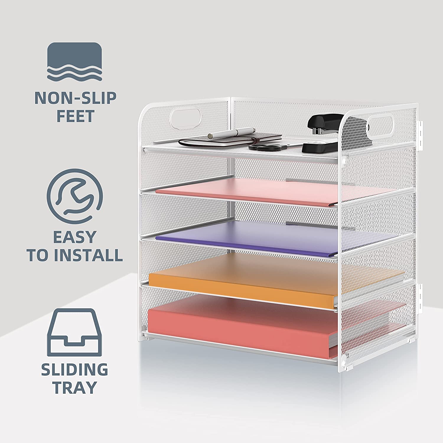 Supeasy 5 Trays Paper Organizer Letter Tray with Handle-Mesh Desk File Organizer,Black Paper Sorter Desk Organizer for Office,Home or School - Image 3
